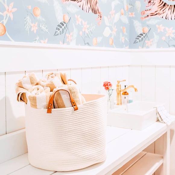 OrganiHaus XXL Cotton Rope Basket with Leather Handles Wide 20"x13.3" - Picture 5 of 6